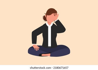 Business design drawing businesswoman who is asking questions or confused because she gets into problem. Running out of ideas, daydreaming, sad, sick, depressed. Flat cartoon style vector illustration