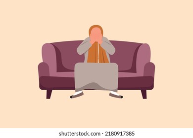 Business design drawing depressed Arab businesswoman sitting on sofa and holding head. Lonely female sitting on couch. Losing job due to economic finance crisis. Flat cartoon style vector illustration