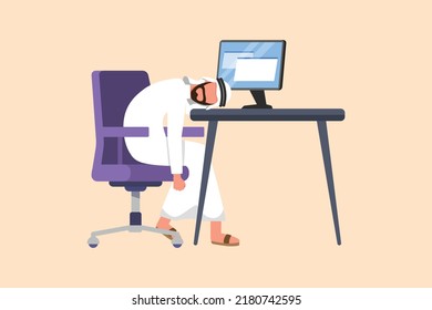 Business design drawing depressed Arabian businessman sitting with head on computer desk. Exhausted manager in office. Frustrated worker mental health problems. Flat cartoon style vector illustration