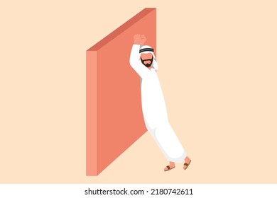 Business Design Drawing Depressed Arabian Businessman Wailing On The Wall Losing Job. Office Worker Crying Sad Lost His Opportunity. Depressive Disorder, Sorrow. Flat Cartoon Style Vector Illustration