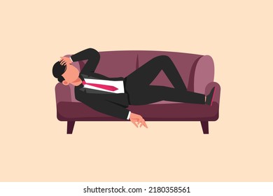 Business design drawing depressed businessman sad tired sleepy resting on sofa. Frustrated worker holding head lying on sofa. Stressed and anxiety on failure. Flat cartoon style vector illustration