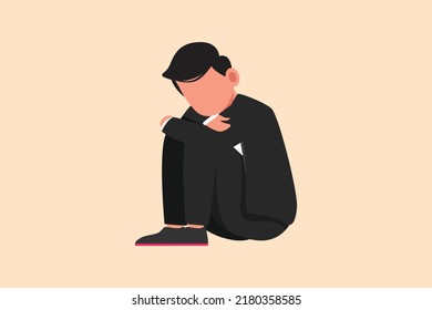 Business Design Drawing Depressed Businessman Sitting In Despair On The Floor, Suffer Emotion Sadness Melancholy Stress At Office. Worker Sad Gesture Expression. Flat Cartoon Style Vector Illustration