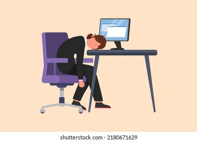 Business design drawing depressed businesswoman sitting with head on computer desk. Exhausted female manager in office. Frustrated worker mental health problems. Flat cartoon style vector illustration