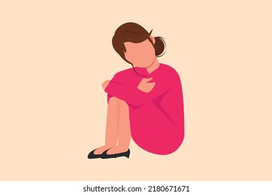 Business Design Drawing Depressed Businesswoman Sitting In Despair On Floor, Suffer Emotion Sadness Melancholy Stress At Office. Worker Sad Gesture Expression. Flat Cartoon Style Vector Illustration