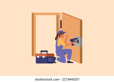 Business design drawing door service decoration. Repairwoman in overalls with equipment repair door element. Locksmith fix lock. Construction indoor services. Flat cartoon style vector illustration