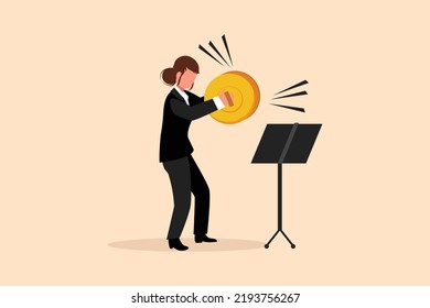 Business design drawing female musician playing cymbals. Woman performer playing classical music with percussion musical instrument. Person performs on stage. Flat cartoon style vector illustration