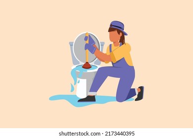 Diseño de negocios dibujo limpieza de baños para mujeres, servicio de fontanería. Fugas de inodoros de fontanería, obstrucción, herramientas de reparación de fontaneros. Sistema de alcantarillado. Cubón de aseo, alcantarilla. Ilustración vectorial de estilo de caricatura plana