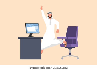 Business design drawing happy Arab businessman jumping and dancing near desk workplace. Male manager celebrating success of increasing company's product sales. Flat cartoon style vector illustration