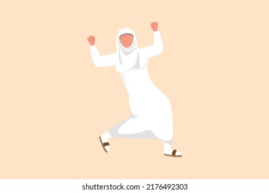 Business design drawing happy Arab businesswoman standing with raised her clenched fist hands. Manager celebrating success of increasing company's product sales. Flat cartoon style vector illustration