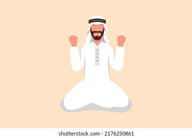 Business design drawing happy Arabian businessman kneeling with yes gesture. Manager celebrating success of increasing company achievement, target, sales, goals. Flat cartoon style vector illustration