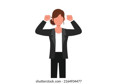 Business design drawing happy employee of company stands in strong pose. Young businesswoman with gestures two hand fist up. Office worker. Achievement concept. Flat cartoon style vector illustration