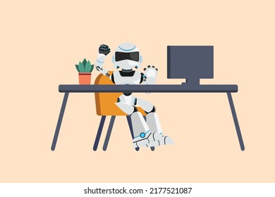 Diseño de negocios dibujando un robot feliz sentado en el lugar de trabajo con una mano elevada y levantando la otra. Desarrollo tecnológico futuro. Inteligencia artificial. Ilustración vectorial de estilo de caricatura plana