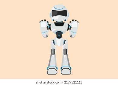 Business design drawing happy robot standing with both hands yes gesture. Future technology development. Artificial intelligence and machine learning processes. Flat cartoon style vector illustration