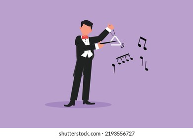 Business design drawing male musician playing musical triangle. Classical music orchestra man artist with music instrument. Professional musician performs on stage. Flat cartoon vector illustration