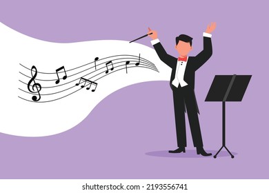 Diseño de negocios dibujando al hombre orquesta de música. Músico masculino con traje de esmoquin con gestos de brazo. Un conductor expresivo dirige una orquesta durante la actuación. Ilustración vectorial de estilo de caricatura plana