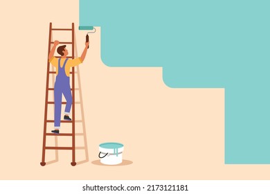 Business design drawing painter standing on ladder paints wall. Handyman holding paint roller. Repairman provide home construction work. Worker in overalls. Flat cartoon style vector illustration