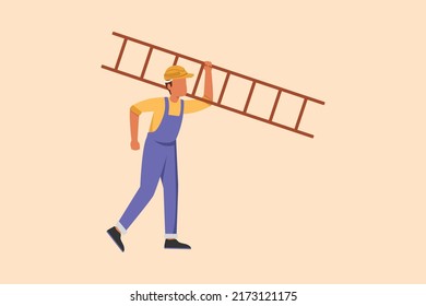 Business design drawing repairman with ladder. Handyman working on call. Carpenter handle activity on renovation home. Hard labor job. Painter worker handy man. Flat cartoon style vector illustration