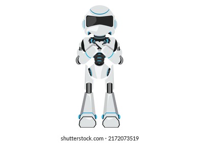 Business design drawing robot crossing arms. Robot making X shape, stop sign with hands and negative expression. Technology development. Artificial intelligence. Flat cartoon style vector illustration