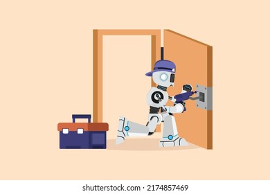 Business design drawing robot repairman with equipment repairing wooden door. Locksmith fix lock. Construction indoor services. Future technology development. Flat cartoon style vector illustration