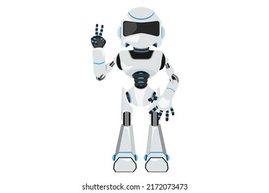 Business design drawing robot showing victory sign. Symbol of success and peace. Future technology development. Artificial intelligence and machine learning. Flat cartoon style vector illustration