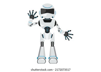 Business design drawing robot showing palm as stop sign, stay, hold, rejection gesture. Future technology development. Artificial intelligence machine learning. Flat cartoon style vector illustration