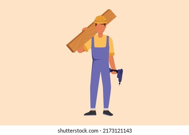 Business design drawing timber frame house construction worker. Repairman standing with board, tool box, and drill. Building, construction, repair work services. Flat cartoon style vector illustration