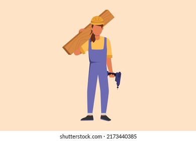 Business design drawing timber frame house construction worker. Repairwoman standing with board, tool box, drill. Building, construction, repair work services. Flat cartoon style vector illustration