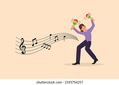 Business design drawing woman street band player mariachi plays maracas. Female performer with maracas musical instruments, mariachi player at national festival. Flat cartoon style vector illustration