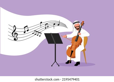 Business design drawing young Arabian male performer playing on contrabass. Cellist man playing cello, musician playing classical music instrument. Flat cartoon character style vector illustration
