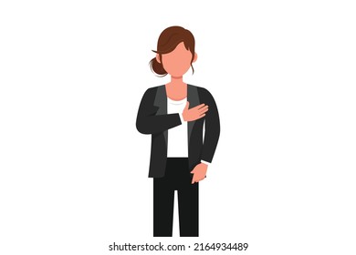 Diseño de negocios que atrae a una joven empresaria que se mantiene en el pecho. Sonriente y simpática mujer expresando gratitud. Concepto de emoción y lenguaje corporal. Ilustración vectorial de estilo cartográfico plano