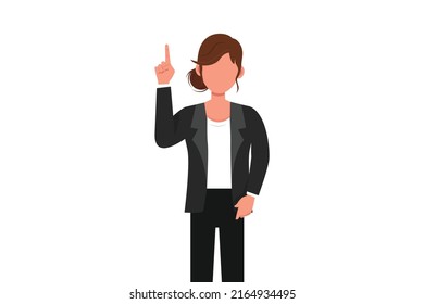 Business Design Drawing Young Businesswoman Pointing Up Finger Symbol. Female Manager Finger Index Up Gesture Or Ideation. Emotion, Body Language. Flat Cartoon Style Draw Graphic Vector Illustration