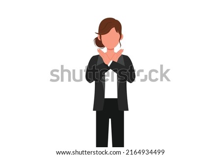 Business design drawing young businesswoman crossing arms and saying no gesture. Person making X shape, stop sign with hands and negative expression. Flat cartoon style graphic vector illustration