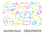 Business design element, hand drawn arrow, speech bubble set. Sign bright highlighter collection different icon. Cross, check mark, interrogative and exclamation. Shapes objects vector illustration