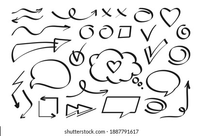 Business design element, hand drawn black arrow, speech bubble set. Sign collection different icon. Cross, check mark, interrogative and exclamation. Shapes objects vector illustration