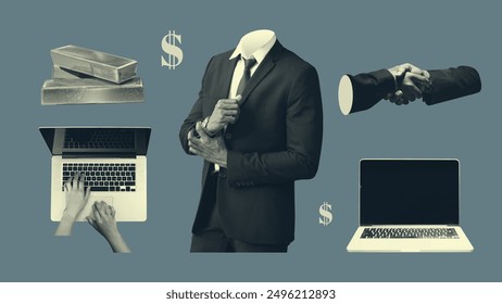 Conjunto de collage de Elementos de diseño de negocios aislado. Hombre de negocios con traje, trato de apretón de manos, computadoras portátiles e inversión de oro. Ilustración monocromática.