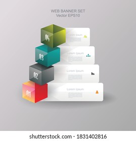 Business Design Template with bright 3d cubes. Can be used for step lines, number levels, timeline, diagram, web design. 
