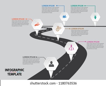 Business designed road signs map timeline infographic background with colorful hexagon pin pointer vector illustration, template milestone element modern diagram process technology digital marketing.