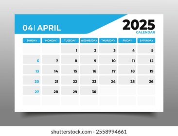 Business Desk Calendar April 2025 in flat style.starting from sunday template in horizontal design