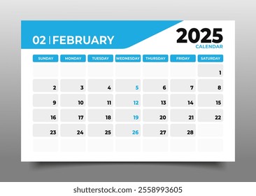  Business Desk Calendar February 2025 in flat style.starting from sunday template in horizontal design