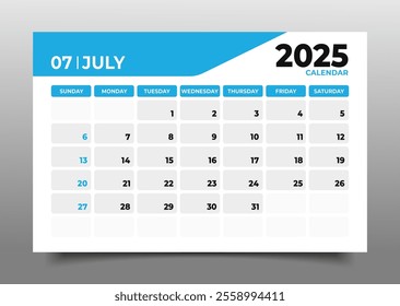 Business Desk Calendar July 2025 in flat style.starting from sunday template in horizontal design