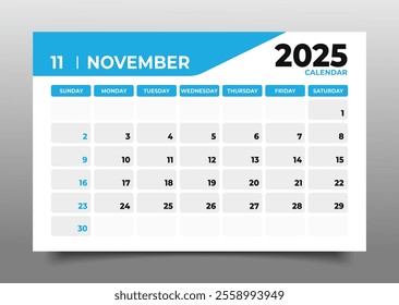  Business Desk Calendar November 2025 in flat style.starting from sunday template in horizontal design