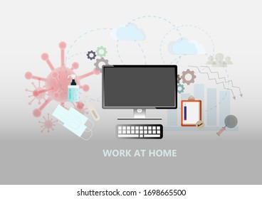 Business desk at home during and covid-19 virus pandemic with computer, book, pencil, graph, masks and hand alcohol gel for hand protection. Work from home and stay at home