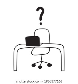 Business desk with laptop and question mark above. Vector outline illustration on white background. 