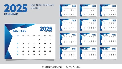 Business Desk monthly Calendar 2025 in flat style collection set.Starting from sunday. on blue geometric shape design decoration
