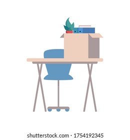 business desk in the office, on it is a box with things fired employee, depression. Job loss due to crisis, reduction, coronavirus, economic downturn. Dismissed worker, unemployment. Vector flat