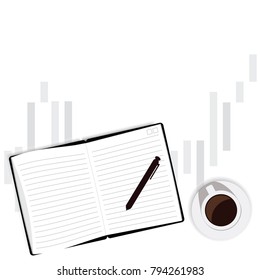 Business desk Top view business notebook with coffee, pen vector illustrator