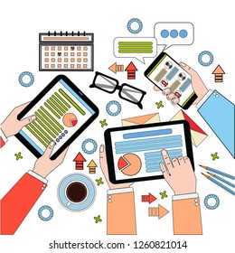 Business Desk Top View, Work Process With Diagrams And Documents, Businesspeople Hands Holding Digital Tablets And Laptop