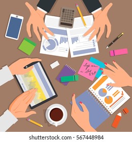Business desk top view. Work process with a lot of diagrams and documents. Debate and negotiations between employees. Vector illustration in modern flat design for web banners and info graphic