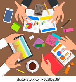 Business desk top view. Work process with a lot of diagrams and documents. Debate and negotiations between employees. Vector illustration in modern flat design for web banners and info graphic