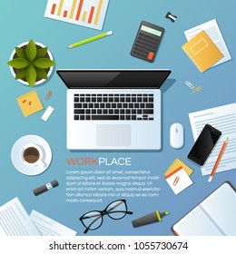 Business desktop concept on blue background.Office workplace with laptop,smartphone,pc mouse,notebook,documents,flash card,marker,pencil,plant and glasses.Vector illustration.